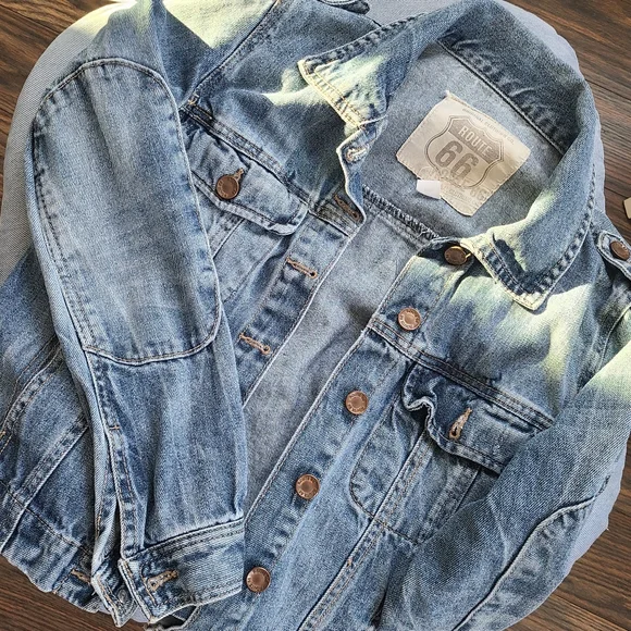 Route 66 Jacket Denim Trucker Distressed Blue Medium Cotton Buttons Pockets XS - Picture 13 of 13